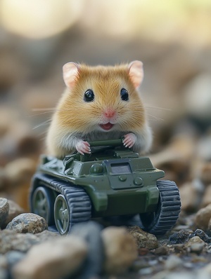 A hamster, driving a toy tank, rocks in rough original style, close-up, fine details, realism, cinematographer Nori Inoguchi, cinematic lighting effects, best quality, masterpiece，ar3∶4，v6