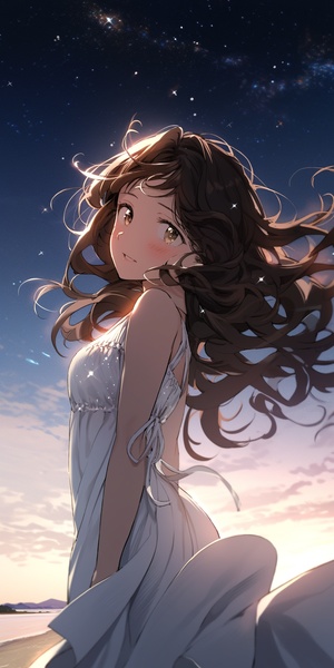 In Gakuen anime style, A girl with long brown curly hair, black eyes, delicate and clear facial features, clean face, luminous skin, white dress, starry sky, meteor, beach, seven-split lens, Morandi color system, soft light