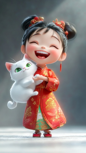 3D rendering of a cute Chinese little girl in bright Hanfu with her hair slicked back, holding a white cat with green eyes. She was laughing and there was a mist around her. The background is a light grey gradient, very realistic. solid colors,pixar style,cartoon style, ar 3:4 niji 6