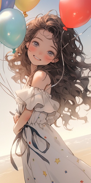 In Gakuen anime style, A girl with long brown curly hair, black eyes, delicate and clear facial features, clean face, luminous skin, white dress, starry sky, balloons, beach, seven-split lens, Morandi color system, soft light