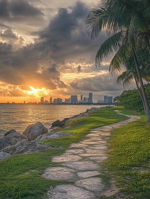 Miami Beach Sunset with Skyline and Palm Trees