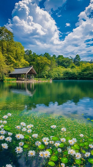 清澈湖面与鲜花草地旁的小房子与绿树丛林