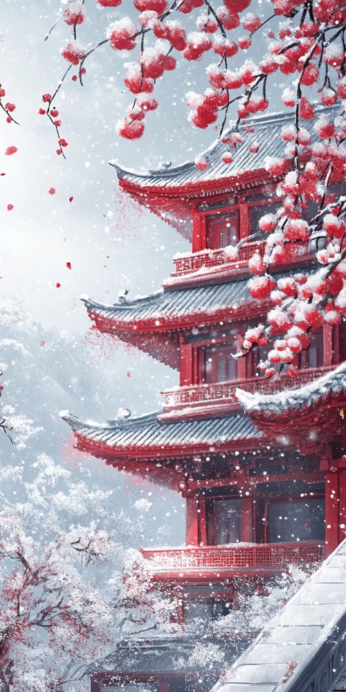 下雪，梅花，雪地，红衣，古代建筑