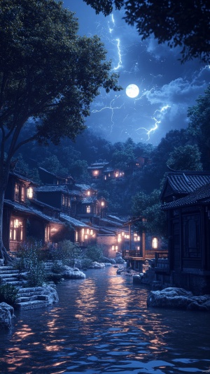 This surreal CG rendering from ancient China shows a stream with ancient buildings in the south of the Yangtze River on a dark night. The stars twinkled in the night sky. The light was dim and weak. There is lightning in the water, a tree is evergreen, a moon, 8K, HD ar 9:16