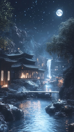 Ancient Chinese Nightscape with Yangtze River Buildings and Lightning