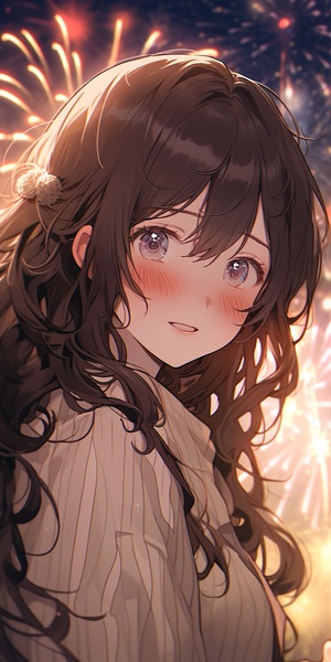 Gakuen Anime Style Girl with Brown Curly Hair and Starry Sky Atmosphere