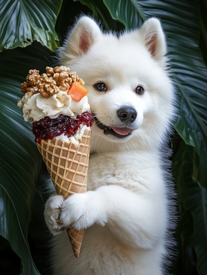 A cute Samoyed dog holding a cute multi-ice cream cone with a variety of nuts on it, dried jam and fruit with focus on the ice cream cone, only a close-up of the ice cream with a blur effect to add depth, large dark green plantain leaves around the environment, fine detail, realistic, photographer Nori Inoguchi, ambient lighting, best quality, cinematic lighting effects, masterpiece，ar3∶4，v6