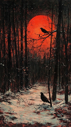 irma van holenberg | sunset in the woods 1888, in the style of accurate ornithological paintings, dark black and red, snow scenes, realistic usage of light and color, dark orange, punctured canvases, dramatic scenes v 5 s 500 ar 9:16 chaos 8