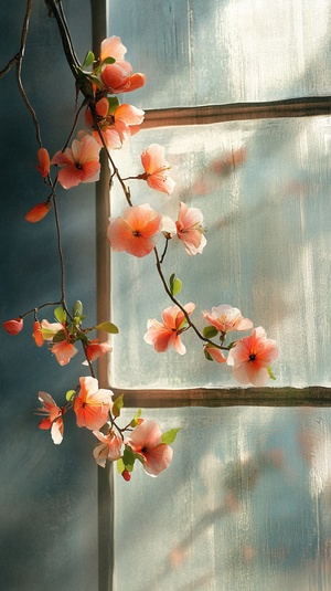 The image features a beautiful branch of flowers that has bloomed and is hanging over a window. The flowers are in full bloom and appear to be colorful and vibrant. The branch of flowers extends from the window and fills the frame, creating a lovely and natural atmosphere in the scene. The flowers are positioned at various points along the branch, creating a visually appealing composition that captures the essence of nature and the beauty of the blooming flowers.