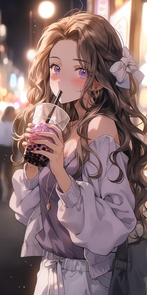 In Gakuen anime style, A girl with long brown curly hair, black eyes, delicate and clear facial features, clean face, luminous skin, white floral top, light purple skirt, drinking bubble tea, starry sky, street scenery, seven-split lens, Morandi color system, soft light