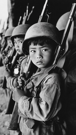 A black and white photograph of Japanese soldiers, aged around ten years old with small guns on their shoulders standing in line at the entrance to Bataan tunnel no.2 which is filled with weapons from World War II. The scene captures them as young boys wearing helmets while holding bayonets and other equipment associated with military combat. This vintage photo evokes an atmosphere reminiscent of war-era street photography, showcasing historical details such as uniforms and gear ar 21:13