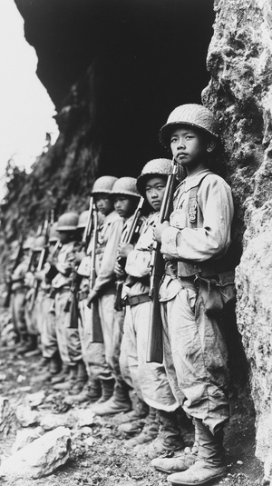 A black and white photograph of Japanese soldiers, aged around ten years old with small guns on their shoulders standing in line at the entrance to Bataan tunnel no.2 which is filled with weapons from World War II. The scene captures them as young boys wearing helmets while holding bayonets and other equipment associated with military combat. This vintage photo evokes an atmosphere reminiscent of war-era street photography, showcasing historical details such as uniforms and gear ar 21:13