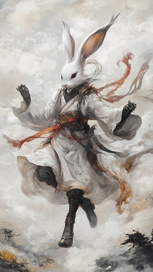 anthropomorphic rabbit Wearing a Hanfu robe and boots，Chinese classical clothing, minimalist style, cold temperament， high-end design style，A tall figure，Full body，Walking In The Air，Cloud and mist entanglement，Horsehead，anthropomorphic，Artistic runway show,Long Shot，White gray color tone，Mysterious feeling, mythological legend，Capture dynamic shots of runway shows，16K chaos 40 stylize 750