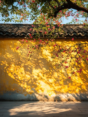 In the ancient town of Jiangnan, under an old eaves tree with yellow walls and blue sky in springtime, sunlight shines through flowers on the wall, creating beautiful shadows. The photographer captured this moment using a Canon camera. This photo was created in the style of award-winning photographers.