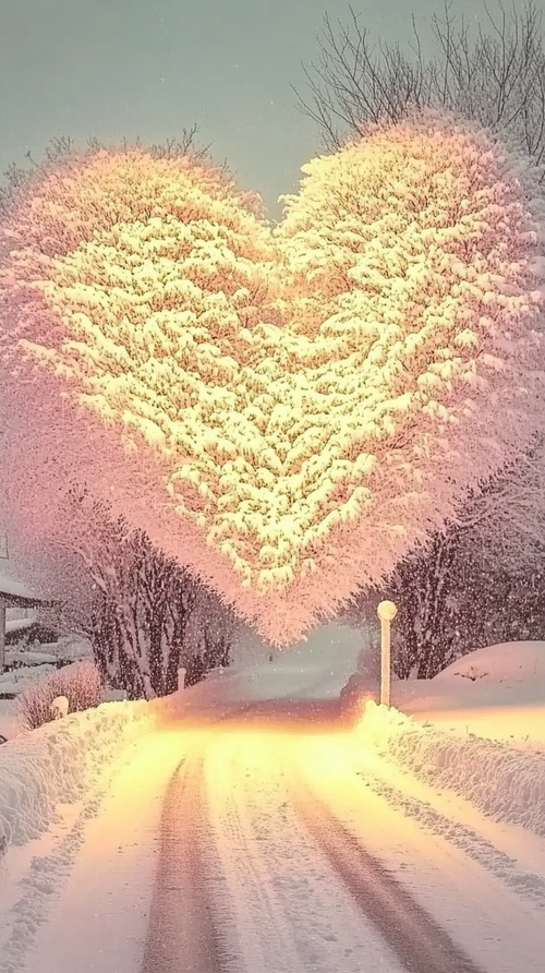 这是一个美丽粉红色雪景，路边有一颗巨大的爱心形状的树，树上落满了雪