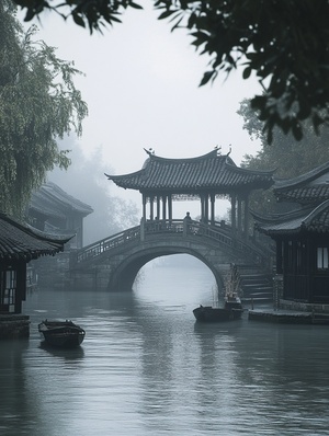 烟雨蒙蒙，江南水乡，小桥流水，桥上有一人的背影，桥下有一小船驰过，岸边有一只亭子。灰色调 ar 9:16 v 5.2