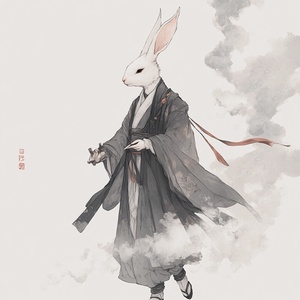 anthropomorphic rabbit Wearing a Hanfu robe and boots，Chinese classical clothing, minimalist style, cold temperament， high-end design style，A tall figure，Full body，Walking In The Air，Cloud and mist entanglement，Horsehead，anthropomorphic，Artistic runway show,Long Shot，White gray color tone，Mysterious feeling, mythological legend，Capture dynamic shots of runway shows，16K chaos 40 stylize 750