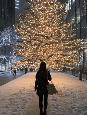 傍晚时分,日本的一座办公楼外下着雪,圣诞灯饰和装饰品点缀其间。一位戴着耳机的女士用她的iPhone 7手机拍下了这一幕。照片是从她背后拍摄的,捕捉到了那棵树木。这是一张全身照。她旁边应该有一些白沙。她穿着黑色裤子和夹克。我离那个人大约有两米远。他们面前有一棵装饰着圣诞灯的松树。这棵松树可以展现他们的整体形象,风格是装饰着圣诞灯的松树。