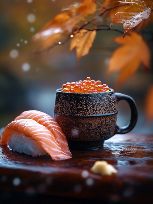 A rock-carved mug, Japanese style, sushi, ukiyo-e wall, bokeh, fine details, realistic, fully display Japanese culture, photographer - Joseph · Sudik, stunning photography, best quality，ar3:4，v6