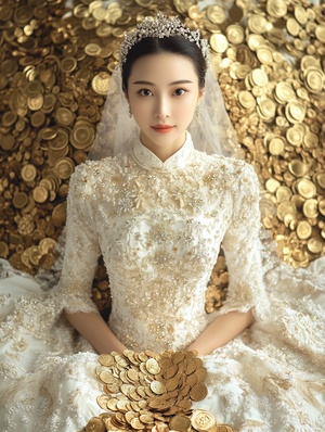 This photo creates a unique visual effect. At the center of the picture is a beautiful Chinese bride who wears a gorgeous white wedding dress with delicate lace and jewelry to show elegance and purity.The bride does not sit on a traditional marriage bed, but on a large pile of gold coins or jewelry. These coins can be artistically scattered around the bride to form a kind of palatial backdrop. Such a design is designed to convey the happiness and prosperity that comes with marriage.The bride's expressio