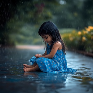 一个小女孩穿着蓝色民族风衣服在大雨天哭。