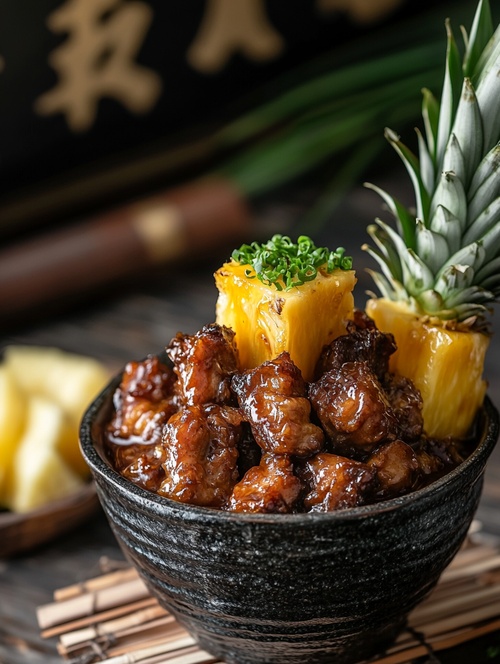 The cut pineapple is used as a container, with braised pork, ruddy in color, delicious and attractive, fine details, realistic, real and detailed scenes, with a Japanese ukiyo-e style wall in the background, master photography, and cinematic lighting effects，ar3∶4