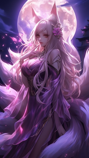 "九尾妖狐Ahri，直立在月光下，她的九条尾巴在微风中轻轻摇曳，形成一个壮观的背景。""她的狐狸耳朵竖立在秀发之间，眼睛闪烁着神秘的紫色光芒，散发出强烈的魅力。""Ahri穿着她标志性的紫色和金色装束，衣服的边缘装饰着金色的线条和宝石，裙子轻轻飘动，露出她的长腿。""她的手中握着一个发光的能量球，周围环绕着几个小的能量球，仿佛在等待被释放。""她的身体直立，一只脚轻轻前踏，另一只脚稳稳地支撑在地面上，展示出她的优雅和力量。""她的面容美丽而神秘，给人一种既迷人又危险的感觉，完全符合她作为九尾妖狐的身份。"