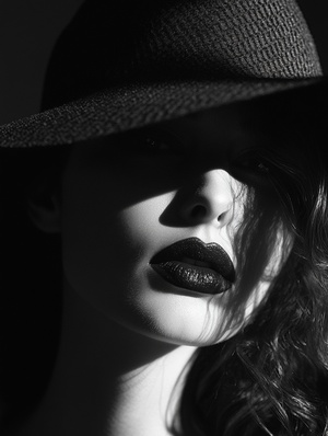 The woman has dark lips and a hat, in the style of film noir aesthetic, stark contrast of light and shadow, uhd image, mysterious symbolism, monochromatic shadows, shot with hasselblad 1600f camera, in the style of candid moments captured, ar 3:4