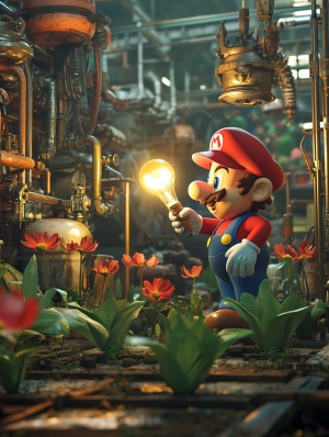 The photo shows Super Mario installing a light bulb, the moment the light bulb is lit, a close-up, the focus is on Mario, the surrounding environment is a steel factory, industrial equipment in the factory, flowers are in full bloom, the perfect integration of plants and industry, the details are fine and realistic，ar3∶4，v6.1