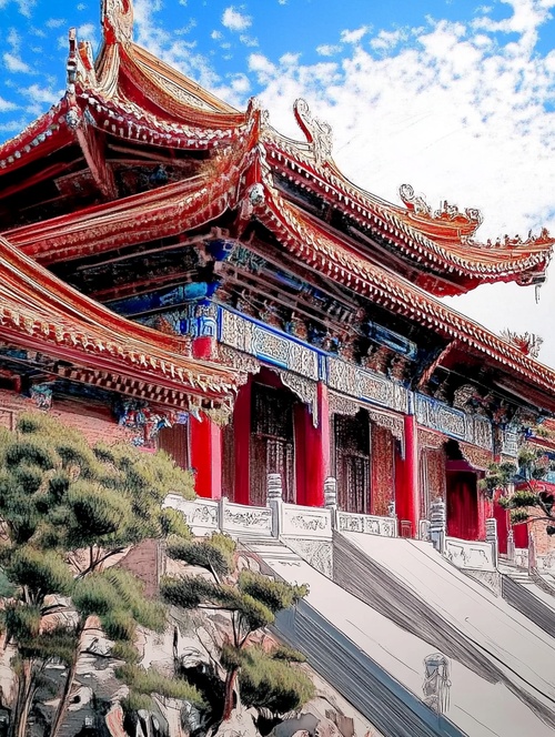 模仿参考图，绘制道教风景建筑，高清，不同角度