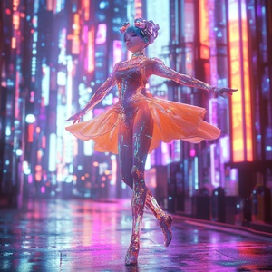 A graceful girl, dressed in cybernetic-enhanced attire, dancing dynamically under the neon lights of a futuristic cityscape, detailed 3D model with fluid motion capture, vibrant colors blending with the urban glow, hyperreal rendering, OC Renderer, Unreal Engine, full body in motion, Ultra HD, 8K.