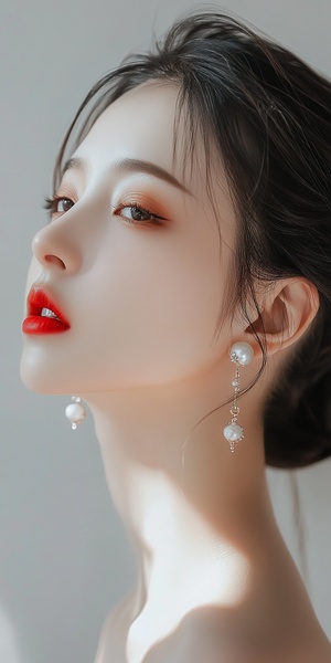 an elegant chinese woman , beautiful eyes with long eyelashes , red lips , Jewelry earrings , smooth lines , minimalist , white background , ethereal and Zen , romantic realism ,8k. 和一朵玫瑰花。