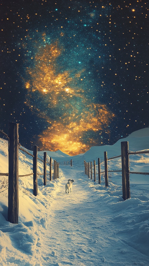 这是一张描绘了夜晚雪景与星空相结合的图片。在图中，我们可以看到一条被积雪覆盖的小路，小路两旁插着几根木杆。天空呈现出深蓝色到黑色的渐变，其中点缀着无数的星星。最引人注目的是天空中的一道金色极光，它从左上角斜射下来，仿佛是来自另一个世界的光芒，与星空形成了鲜明的对比，给人一种神秘而壮观的感觉。此外，在小路上，一只白色小狗向前奔跑