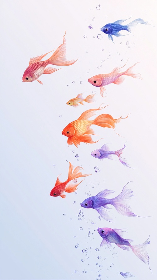 s.mj.runcIKGt_70cgE A group of colorful, small fish swimming in the water, with a simple background, suitable for a mobile wallpaper in a minimalist style. The image has white space at the top and bottom, with a light gray gradient at the edges, and features light blue and purple tones. There are no shadows, and the image has high resolution, high detail, high quality, high definition, high clarity, high focus, and high contrast, resulting in a hyper-realistic and hyper-detailed, hyper-real appearance.