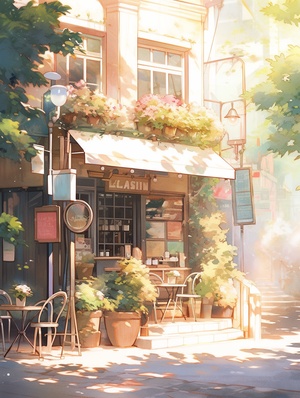 light watercolor,outside of a jazzy coffeeshop,bright,light background,few details,dreamy,studio ghibli