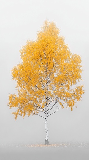 A white birch tree with yellow leaves in the fog, in the style of Eiko Ojala