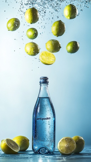 A bottle of "Antipodes" sparkling water, with lemons and limes floating around it. The background is light blue. Studio photography, shot in the style of Hasselblad.