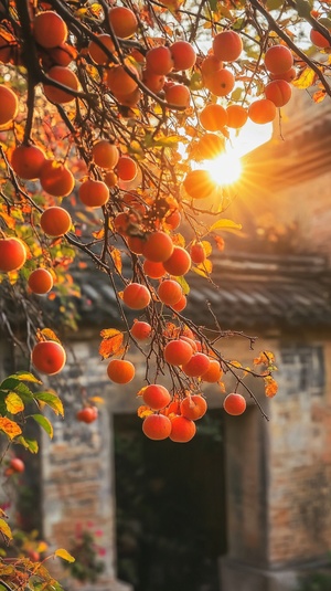 Autumn Sunset on Persimmon Tree by Ancient Building