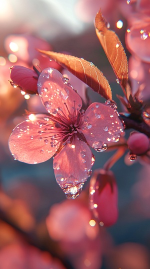 雨后桃花生机盎然晶莹水珠映衬花瓣闪耀