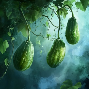 Green gourds hanging on the vine, close-up, realistic oil painting style, pale green and light gray, in the style of gongbi, playful cartoon illustrations, mysterious jungle background, dark blue and sky blue, hand-drawn animation, soft mist, high resolution.