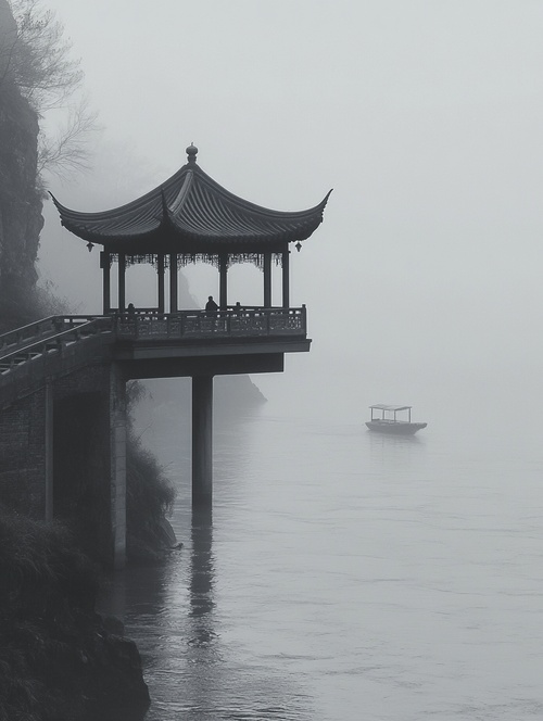 烟雨蒙蒙，江南风光，小桥流水，桥上有一人的背影，桥下有一小船驰过，岸边有一只亭子。灰色调 ar 9:16 v 5.2