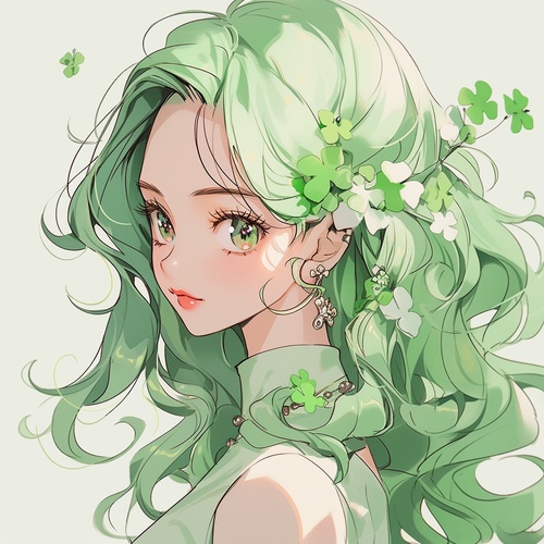 少女，淡绿色的头发，四叶草🍀