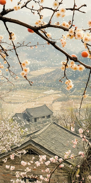 In early summer, in the afternoon, in the countryside of southern China, plum trees and apricot trees are planted at the edge of the village, the plums and apricots are ripe and hang on the branches, the plum fruits are golden, the apricot fruits are fat, the fields in the suburbs are a sea of white flowers, the vegetable garden surrounded by the village fence is blooming with scattered yellow cauliflower, butterflies and dragonflies are flying near the fence. Documentary photography, ancient Chinese poetry