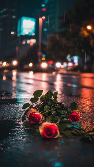 城市的夜晚，下雨，马路被雨水打湿，路灯，马路上躺着十几只玫瑰花，粗壮的枝干和绿叶，花朵上有雨珠，分手孤独伤感的情绪氛围感，广角拍摄，专业摄影，24K，佳能镜头