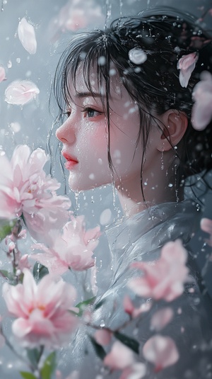 少女雨中轻盈伫立花朵与晶莹雨珠交织的柔和氛围