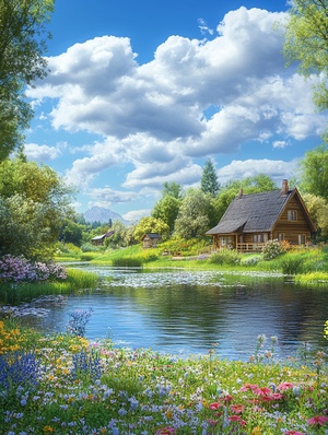 In spring, there is a beautiful view of cottages, green grass and flowers near the river; The forest beauty of blue sky and white clouds; Realistic country house scenes in the countryside; Bright colors, tone, light and shadow, high-definition photography, with ultra-high resolution, high detail, super quality, high definition.