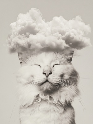 cat with cloud head, minimalistic photography, surrealism，ar3∶4，v6.1