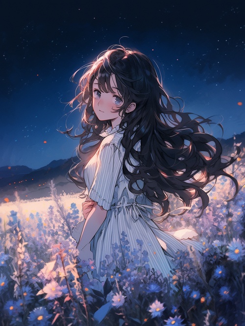 In Gakuen anime style, A beautiful girl with long brown curly hair, black eyes, white striped dress, starry sky, moon, flower field, seven-split lens, Morandi color system, soft light