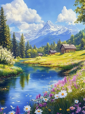 In spring, there is a beautiful view of cottages, green grass and flowers near the river; The forest beauty of blue sky and white clouds; Realistic country house scenes in the countryside; Bright colors, tone, light and shadow, high-definition photography, with ultra-high resolution, high detail, super quality, high definition.