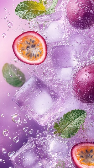 Summer passion fruit soda ice cubes, light purple and white background, bubbles, mint leaves,Passion fruit slices, brilliant colors, studio light source, 32K UHDv 6.0ar 9:16